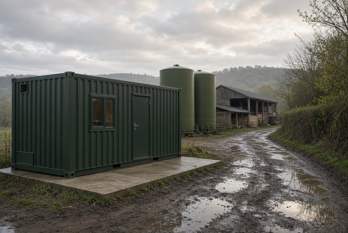 A small container on a concrete pad beside existing farm generation